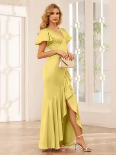Sheath/Column V-Neck Short Sleeves Asymmetrical Bridesmaid Dresses with Ruffles — view 55
