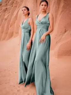 A-Line/Princess V-Neck Sleeveless Ruched Floor-Length Pleated Bridesmaid Dresses with Slit — view 1
