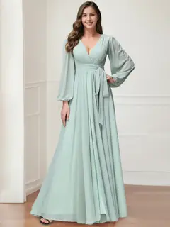 A-Line/Princess V-Neck Long Sleeves Chiffon Long Bridesmaid Dresses With Ruffles Split Side — view 1