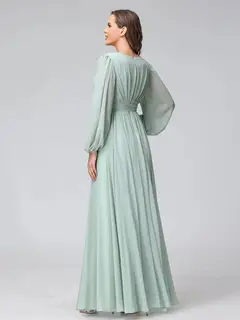 A-Line/Princess V-Neck Long Sleeves Chiffon Long Bridesmaid Dresses With Ruffles Split Side — view 2