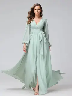 A-Line/Princess V-Neck Long Sleeves Chiffon Long Bridesmaid Dresses With Ruffles Split Side — view 3