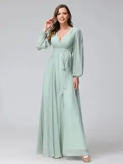 A-Line/Princess V-Neck Long Sleeves Chiffon Long Bridesmaid Dresses With Ruffles Split Side — view 4