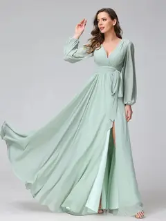 A-Line/Princess V-Neck Long Sleeves Chiffon Long Bridesmaid Dresses With Ruffles Split Side — view 5