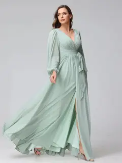 A-Line/Princess V-Neck Long Sleeves Chiffon Long Bridesmaid Dresses With Ruffles Split Side — view 6