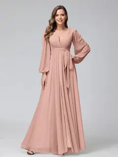 A-Line/Princess V-Neck Long Sleeves Chiffon Long Bridesmaid Dresses With Ruffles Split Side — view 7