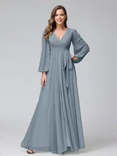 A-Line/Princess V-Neck Long Sleeves Chiffon Long Bridesmaid Dresses With Ruffles Split Side — view 8