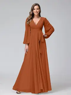 A-Line/Princess V-Neck Long Sleeves Chiffon Long Bridesmaid Dresses With Ruffles Split Side — view 9