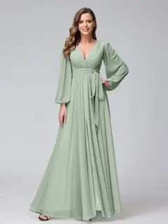 A-Line/Princess V-Neck Long Sleeves Chiffon Long Bridesmaid Dresses With Ruffles Split Side — view 10