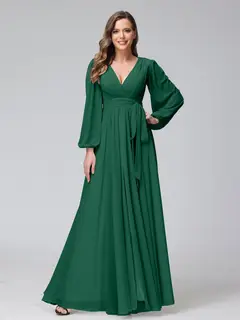 A-Line/Princess V-Neck Long Sleeves Chiffon Long Bridesmaid Dresses With Ruffles Split Side — view 11