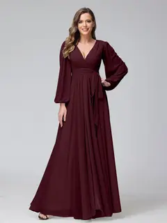 A-Line/Princess V-Neck Long Sleeves Chiffon Long Bridesmaid Dresses With Ruffles Split Side — view 12