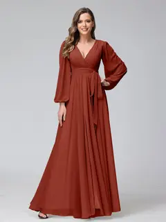 A-Line/Princess V-Neck Long Sleeves Chiffon Long Bridesmaid Dresses With Ruffles Split Side — view 13