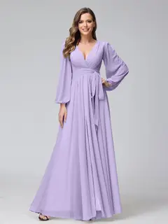 A-Line/Princess V-Neck Long Sleeves Chiffon Long Bridesmaid Dresses With Ruffles Split Side — view 14