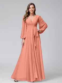 A-Line/Princess V-Neck Long Sleeves Chiffon Long Bridesmaid Dresses With Ruffles Split Side — view 15