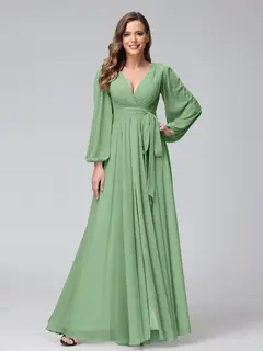A-Line/Princess V-Neck Long Sleeves Chiffon Long Bridesmaid Dresses With Ruffles Split Side — view 16