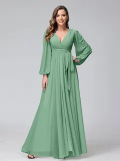 A-Line/Princess V-Neck Long Sleeves Chiffon Long Bridesmaid Dresses With Ruffles Split Side — view 17