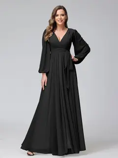 A-Line/Princess V-Neck Long Sleeves Chiffon Long Bridesmaid Dresses With Ruffles Split Side — view 18