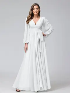 A-Line/Princess V-Neck Long Sleeves Chiffon Long Bridesmaid Dresses With Ruffles Split Side — view 19