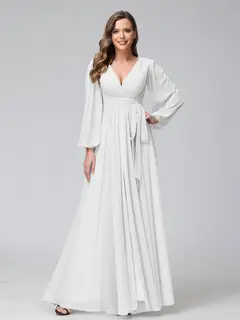 A-Line/Princess V-Neck Long Sleeves Chiffon Long Bridesmaid Dresses With Ruffles Split Side — view 20