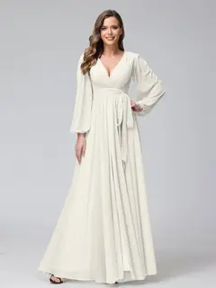 A-Line/Princess V-Neck Long Sleeves Chiffon Long Bridesmaid Dresses With Ruffles Split Side — view 21