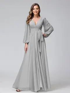 A-Line/Princess V-Neck Long Sleeves Chiffon Long Bridesmaid Dresses With Ruffles Split Side — view 22