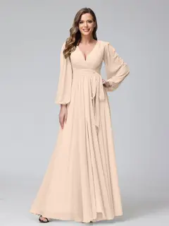 A-Line/Princess V-Neck Long Sleeves Chiffon Long Bridesmaid Dresses With Ruffles Split Side — view 23