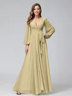 A-Line/Princess V-Neck Long Sleeves Chiffon Long Bridesmaid Dresses With Ruffles Split Side — view 24