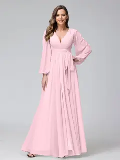 A-Line/Princess V-Neck Long Sleeves Chiffon Long Bridesmaid Dresses With Ruffles Split Side — view 25