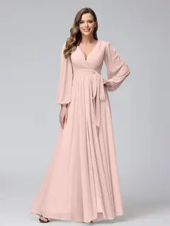A-Line/Princess V-Neck Long Sleeves Chiffon Long Bridesmaid Dresses With Ruffles Split Side — view 26