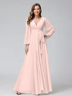 A-Line/Princess V-Neck Long Sleeves Chiffon Long Bridesmaid Dresses With Ruffles Split Side — view 27