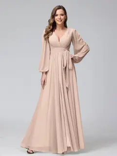 A-Line/Princess V-Neck Long Sleeves Chiffon Long Bridesmaid Dresses With Ruffles Split Side — view 28
