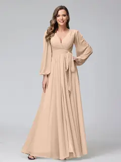 A-Line/Princess V-Neck Long Sleeves Chiffon Long Bridesmaid Dresses With Ruffles Split Side — view 29
