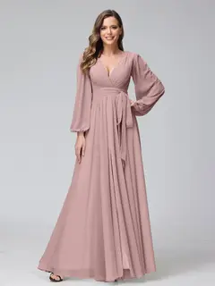 A-Line/Princess V-Neck Long Sleeves Chiffon Long Bridesmaid Dresses With Ruffles Split Side — view 30