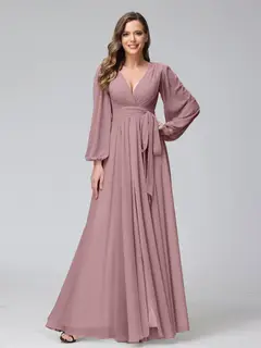 A-Line/Princess V-Neck Long Sleeves Chiffon Long Bridesmaid Dresses With Ruffles Split Side — view 31