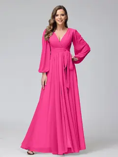 A-Line/Princess V-Neck Long Sleeves Chiffon Long Bridesmaid Dresses With Ruffles Split Side — view 33