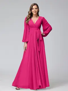 A-Line/Princess V-Neck Long Sleeves Chiffon Long Bridesmaid Dresses With Ruffles Split Side — view 34