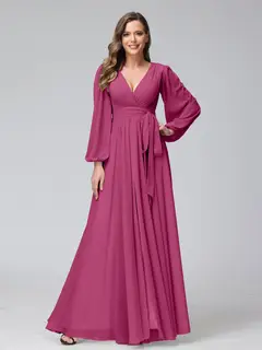 A-Line/Princess V-Neck Long Sleeves Chiffon Long Bridesmaid Dresses With Ruffles Split Side — view 35
