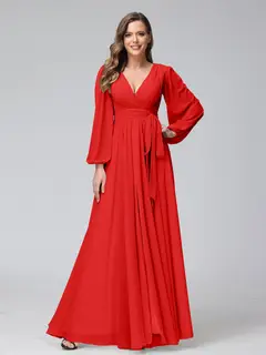 A-Line/Princess V-Neck Long Sleeves Chiffon Long Bridesmaid Dresses With Ruffles Split Side — view 36