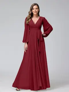 A-Line/Princess V-Neck Long Sleeves Chiffon Long Bridesmaid Dresses With Ruffles Split Side — view 37