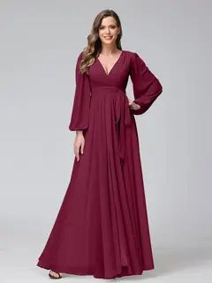 A-Line/Princess V-Neck Long Sleeves Chiffon Long Bridesmaid Dresses With Ruffles Split Side — view 38
