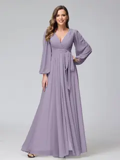 A-Line/Princess V-Neck Long Sleeves Chiffon Long Bridesmaid Dresses With Ruffles Split Side — view 39