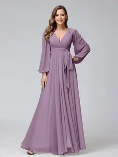 A-Line/Princess V-Neck Long Sleeves Chiffon Long Bridesmaid Dresses With Ruffles Split Side — view 40