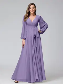 A-Line/Princess V-Neck Long Sleeves Chiffon Long Bridesmaid Dresses With Ruffles Split Side — view 41