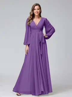 A-Line/Princess V-Neck Long Sleeves Chiffon Long Bridesmaid Dresses With Ruffles Split Side — view 42