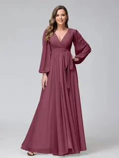 A-Line/Princess V-Neck Long Sleeves Chiffon Long Bridesmaid Dresses With Ruffles Split Side — view 43