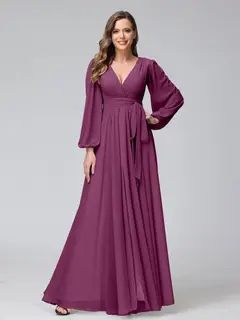 A-Line/Princess V-Neck Long Sleeves Chiffon Long Bridesmaid Dresses With Ruffles Split Side — view 44