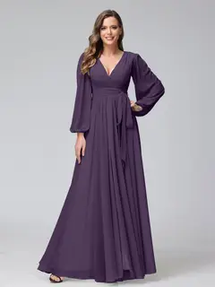 A-Line/Princess V-Neck Long Sleeves Chiffon Long Bridesmaid Dresses With Ruffles Split Side — view 45