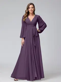 A-Line/Princess V-Neck Long Sleeves Chiffon Long Bridesmaid Dresses With Ruffles Split Side — view 46
