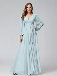 A-Line/Princess V-Neck Long Sleeves Chiffon Long Bridesmaid Dresses With Ruffles Split Side — view 47