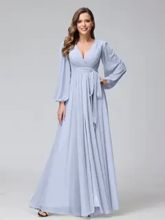 A-Line/Princess V-Neck Long Sleeves Chiffon Long Bridesmaid Dresses With Ruffles Split Side — view 48