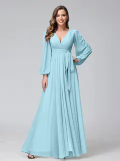 A-Line/Princess V-Neck Long Sleeves Chiffon Long Bridesmaid Dresses With Ruffles Split Side — view 49